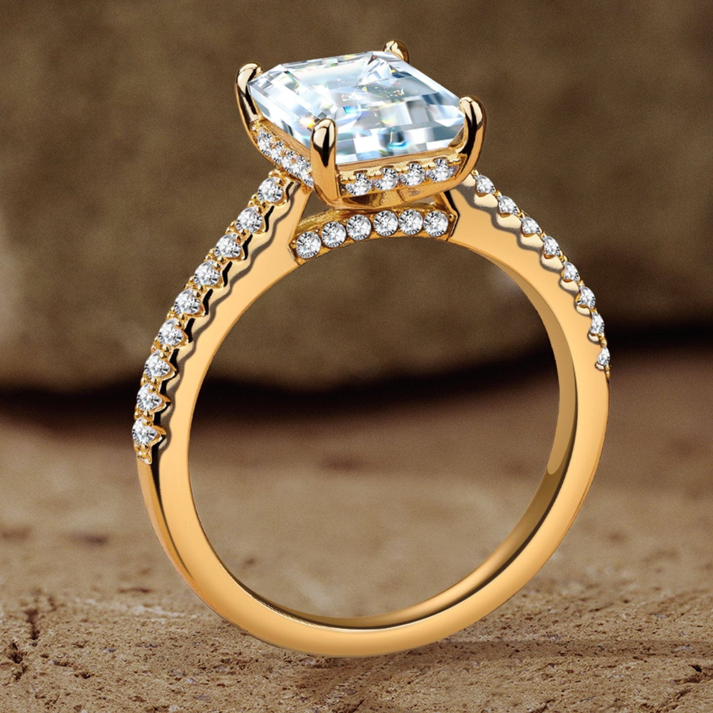 Lab-Certified Emerald Cut Moissanite - Hidden Halo Classic Engagement Ring 14K Yellow Gold Plated (Includes GRA Certification from Gemological Research Association)