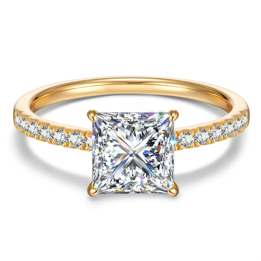 gon- Lab-Certified Princess Cut Moissanite - Hidden Halo Classic Engagement Ring 14K Yellow Gold Plated (Includes GRA Certification from Gemological Research Association)