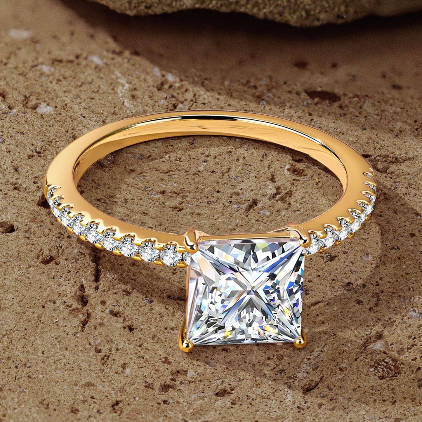Lab-Certified Princess Cut Moissanite - Hidden Halo Classic Engagement Ring 14K Yellow Gold Plated (Includes GRA Certification from Gemological Research Association)