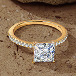 Lab-Certified Princess Cut Moissanite - Hidden Halo Classic Engagement Ring 14K Yellow Gold Plated (Includes GRA Certification from Gemological Research Association)