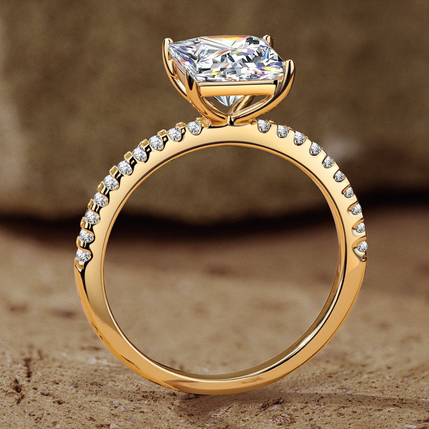 Lab-Certified Princess Cut Moissanite - Hidden Halo Classic Engagement Ring 14K Yellow Gold Plated (Includes GRA Certification from Gemological Research Association)