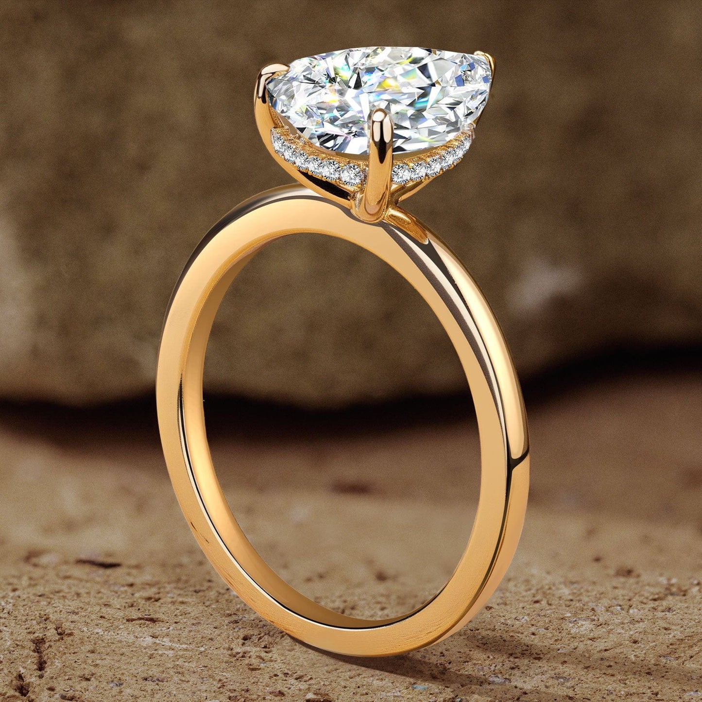 Lab-Certified Pear Brilliant Cut Moissanite - Hidden Halo Classic Engagement Ring 14K Yellow Gold Plated (Includes GRA Certification from Gemological Research Association)