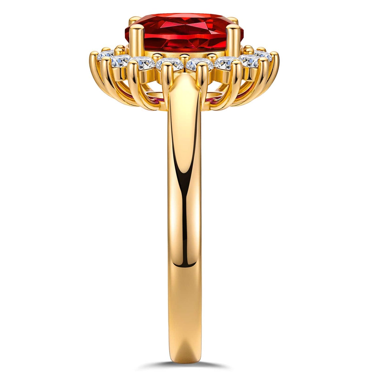 Oval Brilliant Cut Vivid Pigeon Blood Red Lab-Certified Ruby - Halo Classic Engagement Ring 14K Yellow Gold Plated (Includes GRC Certification from Gemstone Research Center)