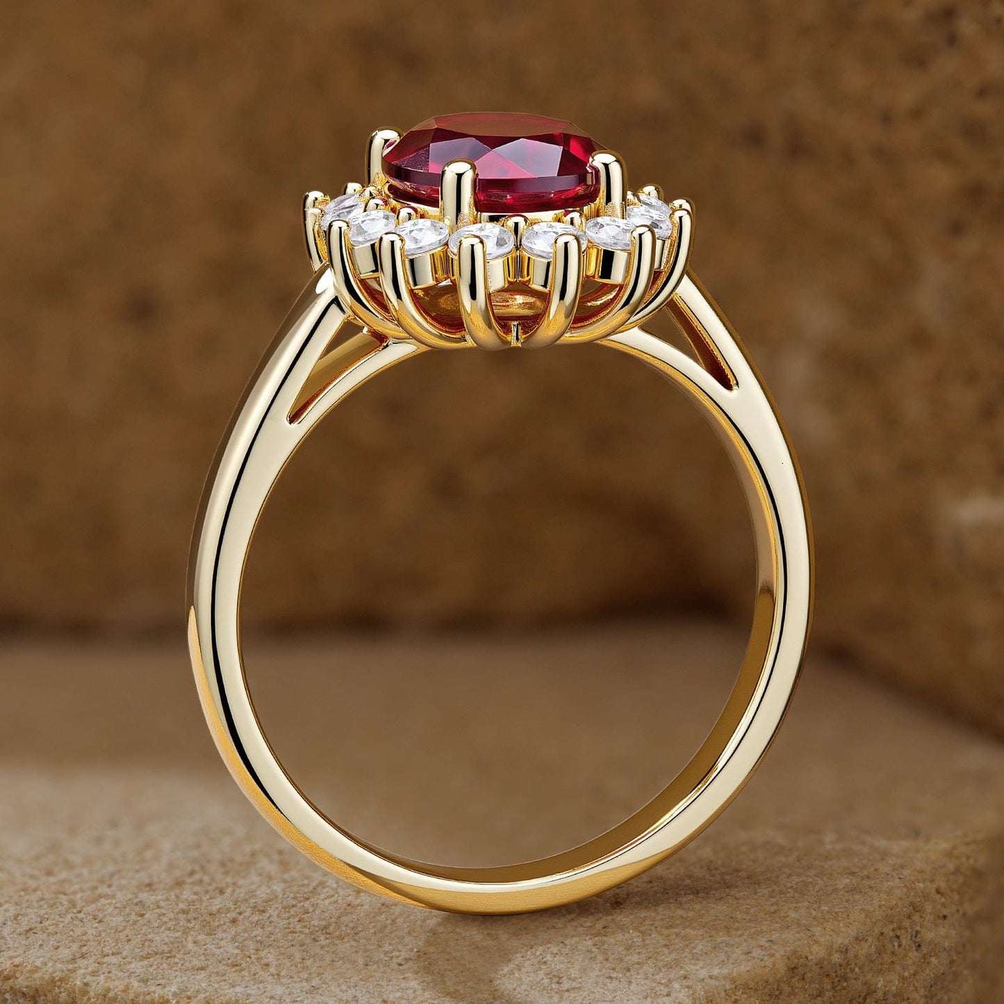 Oval Brilliant Cut Vivid Pigeon Blood Red Lab-Certified Ruby - Halo Classic Engagement Ring 14K Yellow Gold Plated (Includes GRC Certification from Gemstone Research Center)