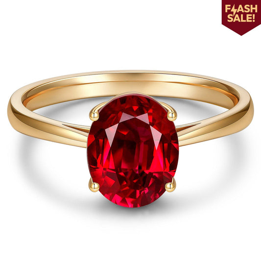 gon- Oval Brilliant Cut Vivid Pigeon Blood Red Lab-Certified Ruby - Solitaire Classic Engagement Ring 14K Yellow Gold Plated (Includes GRC Certification from Gemstone Research Center)