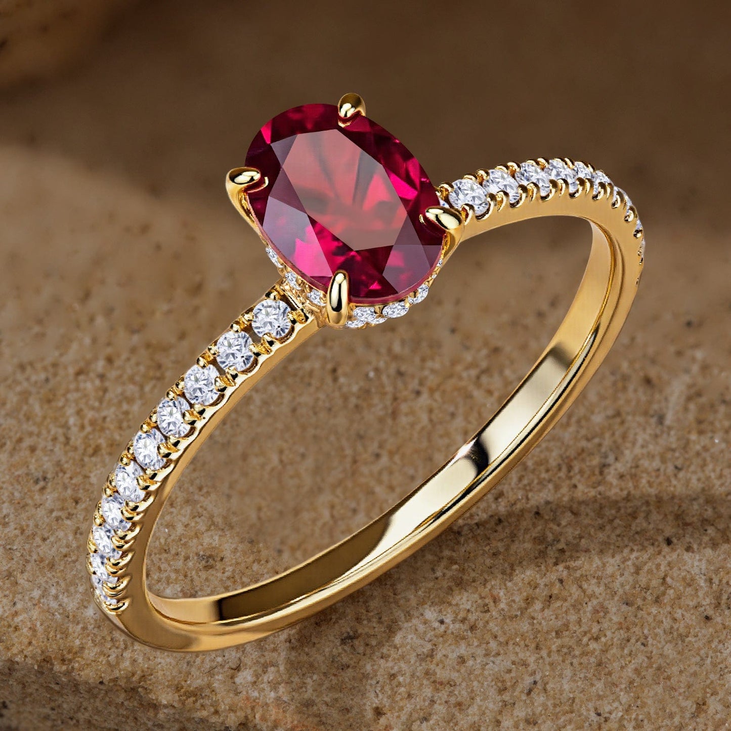 Oval Brilliant Cut Vivid Pigeon Blood Red Lab-Certified Ruby - Pave Classic Engagement Ring 14K Yellow Gold Plated (Includes GRC Certification from Gemstone Research Center)