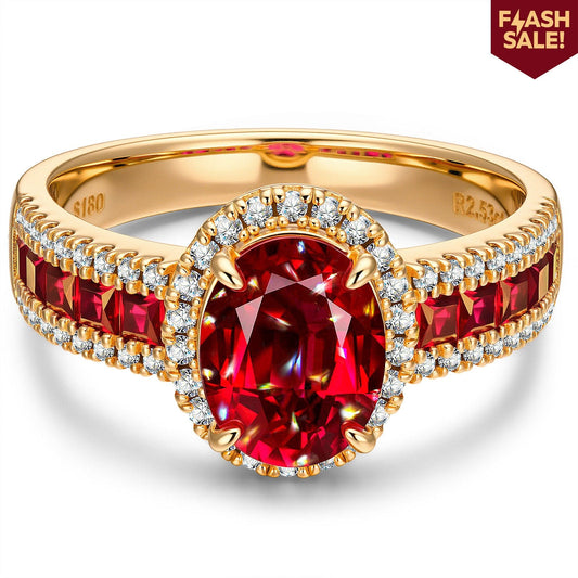 gon- Oval Brilliant Cut Vivid Pigeon Blood Red Lab-Certified Ruby - Halo Classic Engagement Ring 14K Yellow Gold Plated (Includes GRC Certification from Gemstone Research Center)