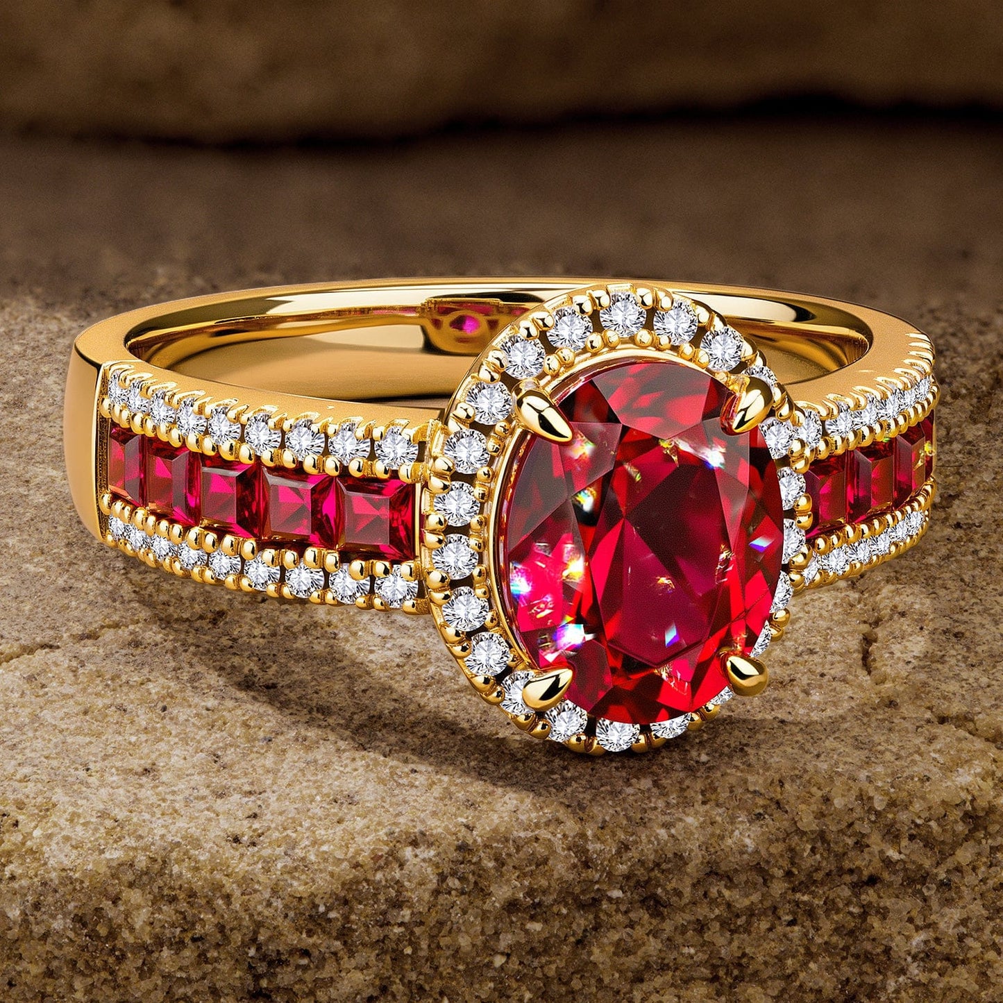 Oval Brilliant Cut Vivid Pigeon Blood Red Lab-Certified Ruby - Halo Classic Engagement Ring 14K Yellow Gold Plated (Includes GRC Certification from Gemstone Research Center)