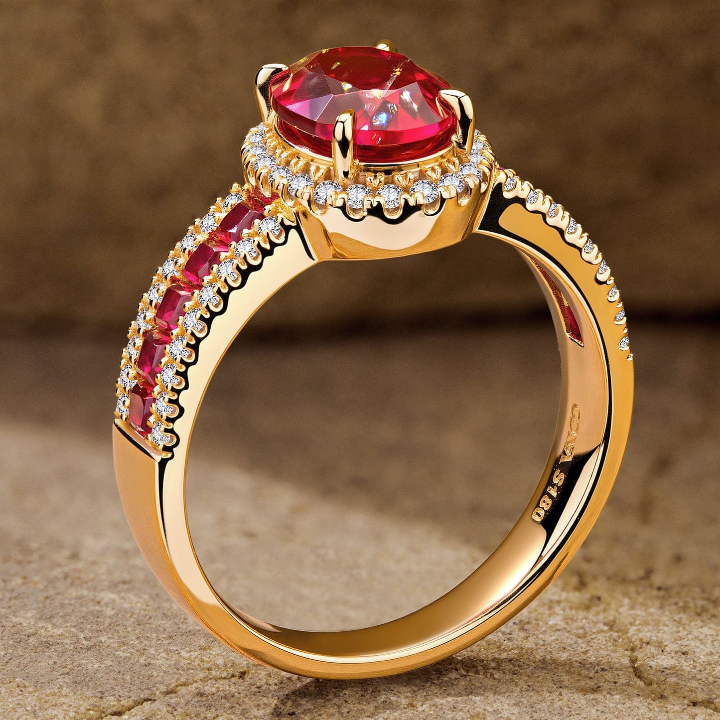 Oval Brilliant Cut Vivid Pigeon Blood Red Lab-Certified Ruby - Halo Classic Engagement Ring 14K Yellow Gold Plated (Includes GRC Certification from Gemstone Research Center)