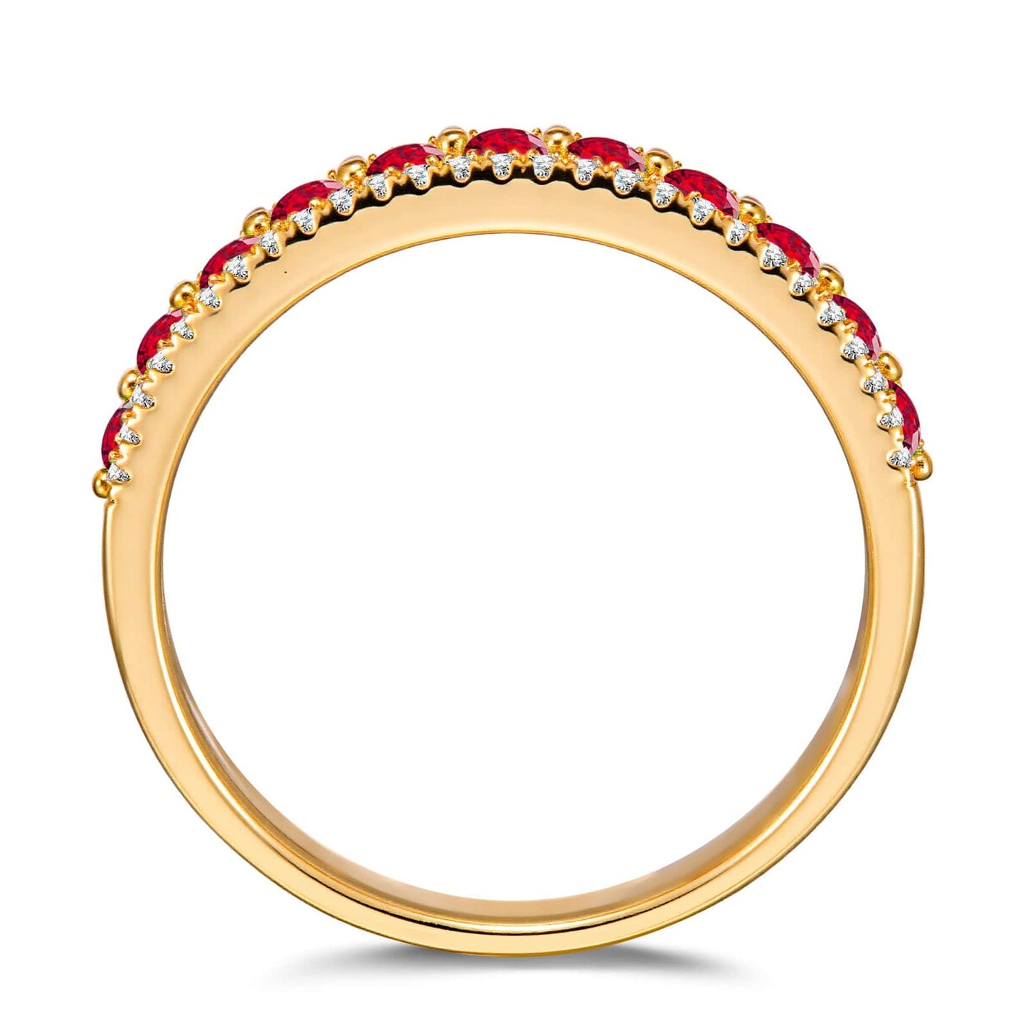 Round Brilliant Cut Vivid Pigeon Blood Red Lab-Certified Ruby - Half Eternity Ring 14K Yellow Gold Plated (Includes GRC Certification from Gemstone Research Center)