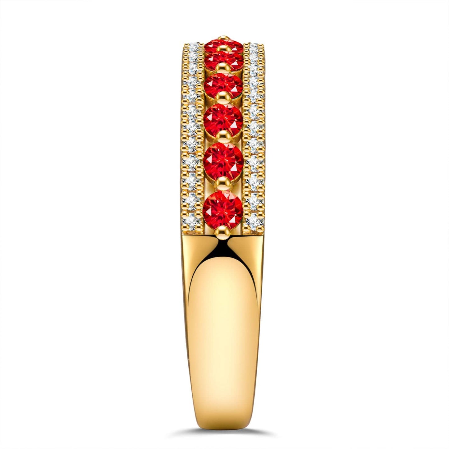 Round Brilliant Cut Vivid Pigeon Blood Red Lab-Certified Ruby - Half Eternity Ring 14K Yellow Gold Plated (Includes GRC Certification from Gemstone Research Center)