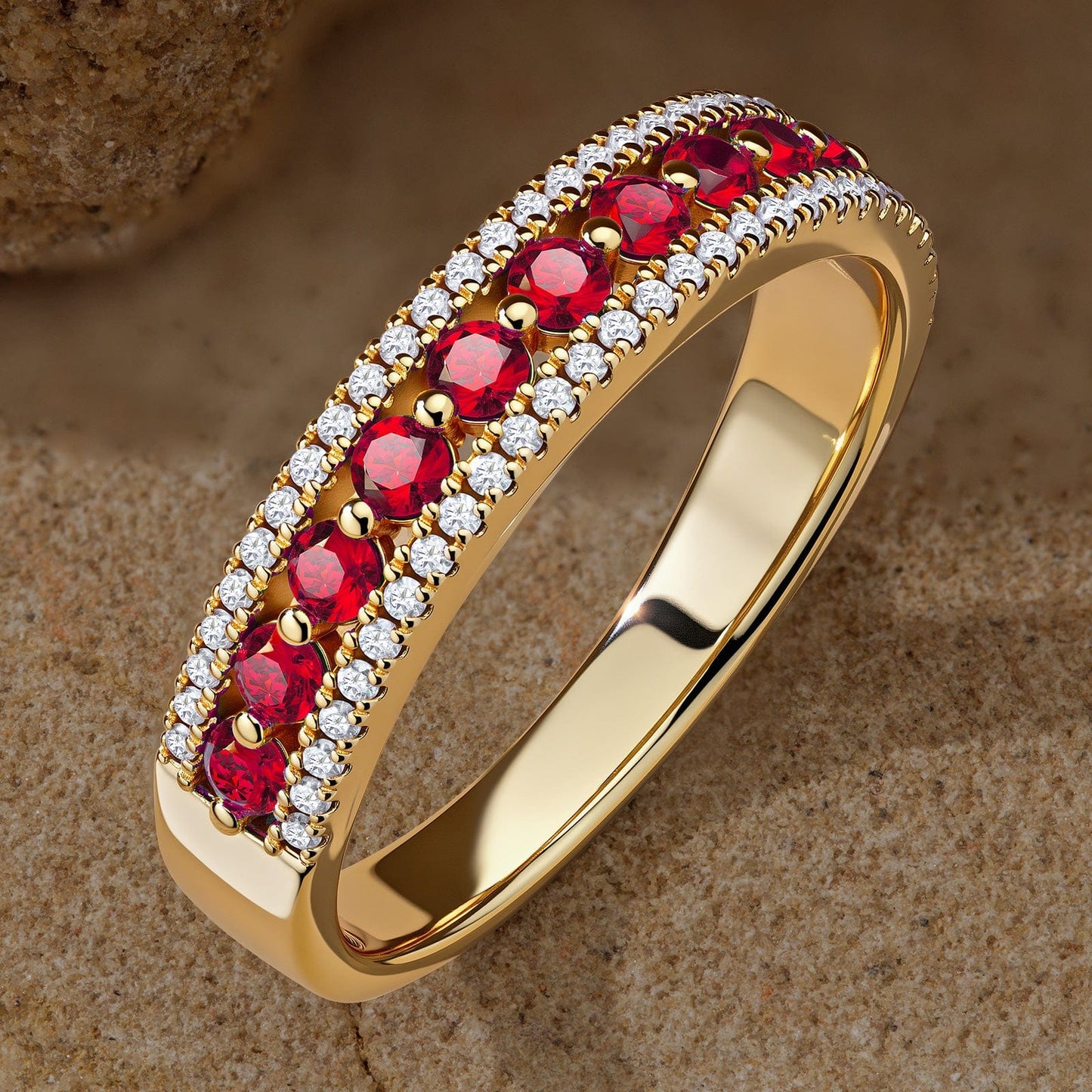 Round Brilliant Cut Vivid Pigeon Blood Red Lab-Certified Ruby - Half Eternity Ring 14K Yellow Gold Plated (Includes GRC Certification from Gemstone Research Center)