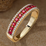 Round Brilliant Cut Vivid Pigeon Blood Red Lab-Certified Ruby - Half Eternity Ring 14K Yellow Gold Plated (Includes GRC Certification from Gemstone Research Center)