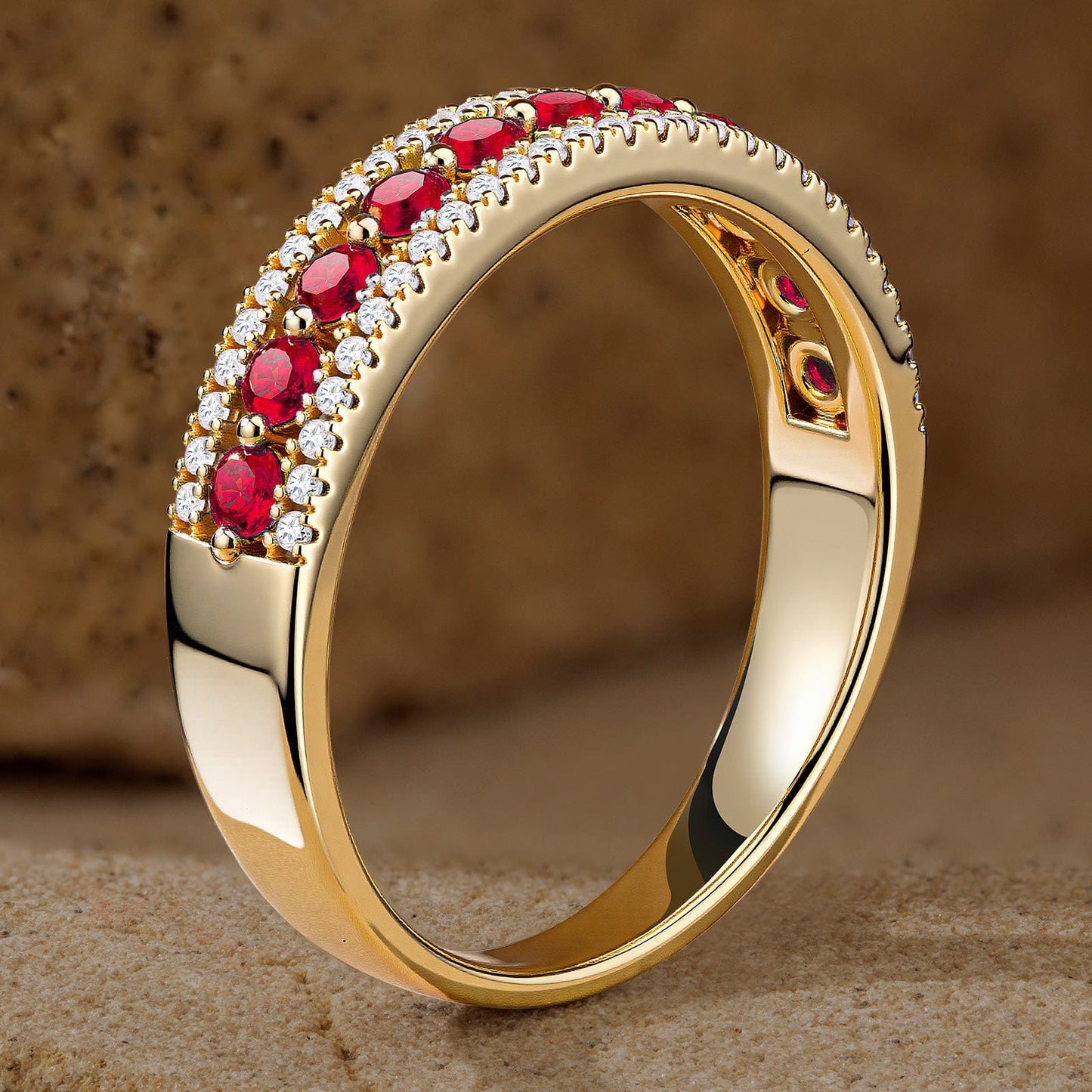 Round Brilliant Cut Vivid Pigeon Blood Red Lab-Certified Ruby - Half Eternity Ring 14K Yellow Gold Plated (Includes GRC Certification from Gemstone Research Center)