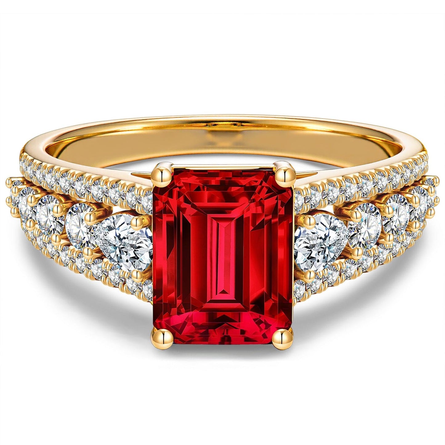 Emerald-Cut Vivid Pigeon Blood Red Lab-Certified Ruby - Pave Classic Engagement Ring 14K Yellow Gold Plated (Includes GRC Certification from Gemstone Research Center)