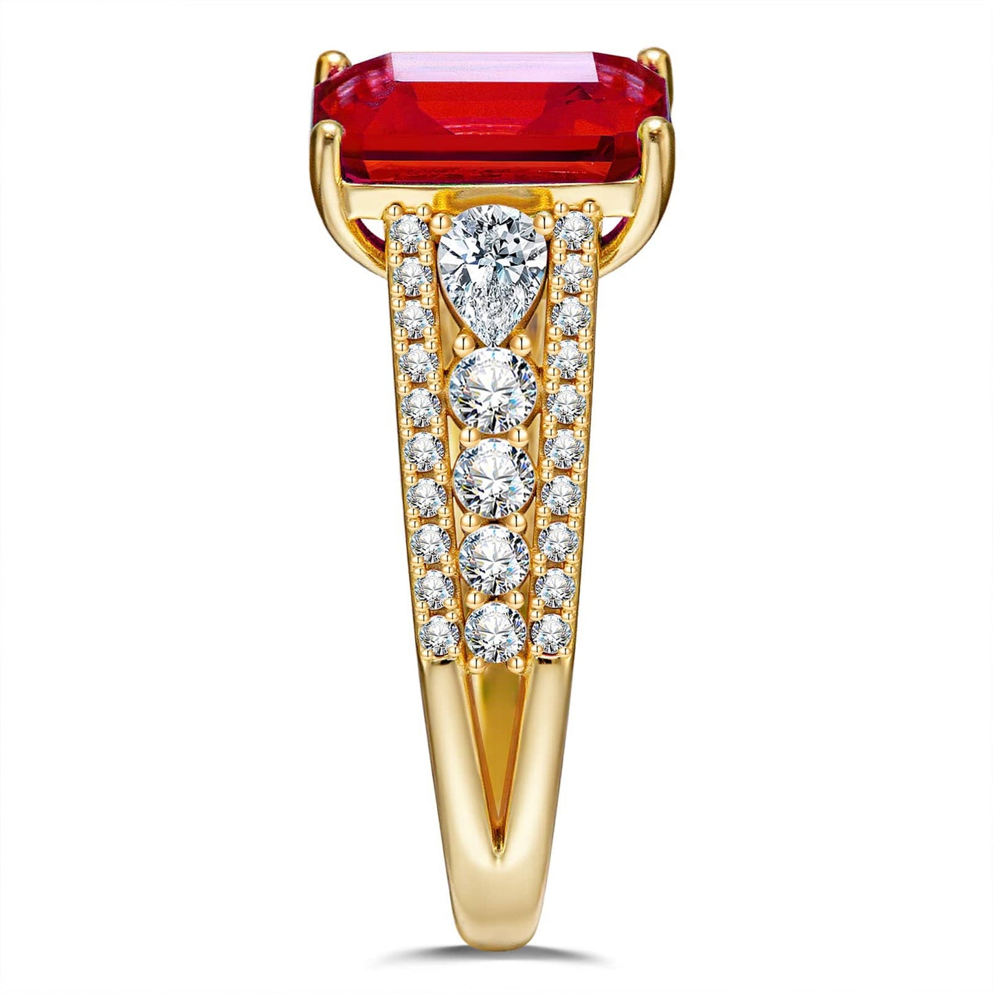 Emerald-Cut Vivid Pigeon Blood Red Lab-Certified Ruby - Pave Classic Engagement Ring 14K Yellow Gold Plated (Includes GRC Certification from Gemstone Research Center)
