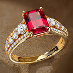 Emerald-Cut Vivid Pigeon Blood Red Lab-Certified Ruby - Pave Classic Engagement Ring 14K Yellow Gold Plated (Includes GRC Certification from Gemstone Research Center)
