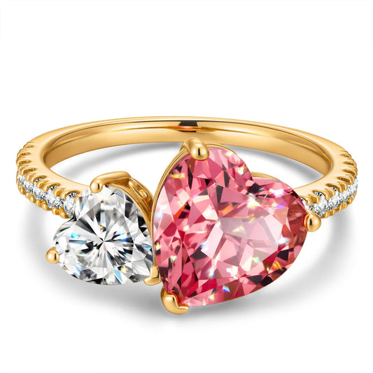 gon- Heart Brilliant Cut Fancy Vivid Sunset Peach Hue Lab-Certified Padparadscha Sapphire and Heart Brilliant Cut Lab-Certified Moissanite - Two Stone Classic Engagement Ring 14K Yellow Gold Plated (Includes GRC Certification from Gemstone Research Center)