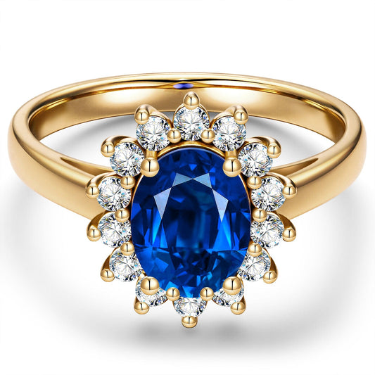 gon- Oval Brilliant Cut Royal Blue Hue Lab-Certified Blue Sapphire - Halo Classic Engagement Ring 14K Yellow Gold Plated (Includes GRC Certification from Gemstone Research Center)
