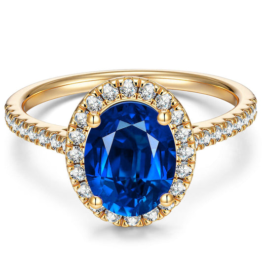 gon- Oval Brilliant Cut Royal Blue Hue Lab-Certified Blue Sapphire - Halo Classic Engagement Ring 14K Yellow Gold Plated (Includes GRC Certification from Gemstone Research Center)