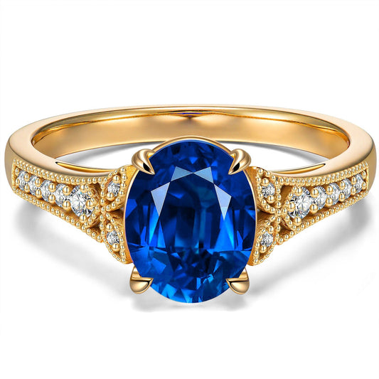 gon- Oval Brilliant Cut Royal Blue Hue Lab-Certified Blue Sapphire - Pave Classic Engagement Ring 14K Yellow Gold Plated (Includes GRC Certification from Gemstone Research Center)