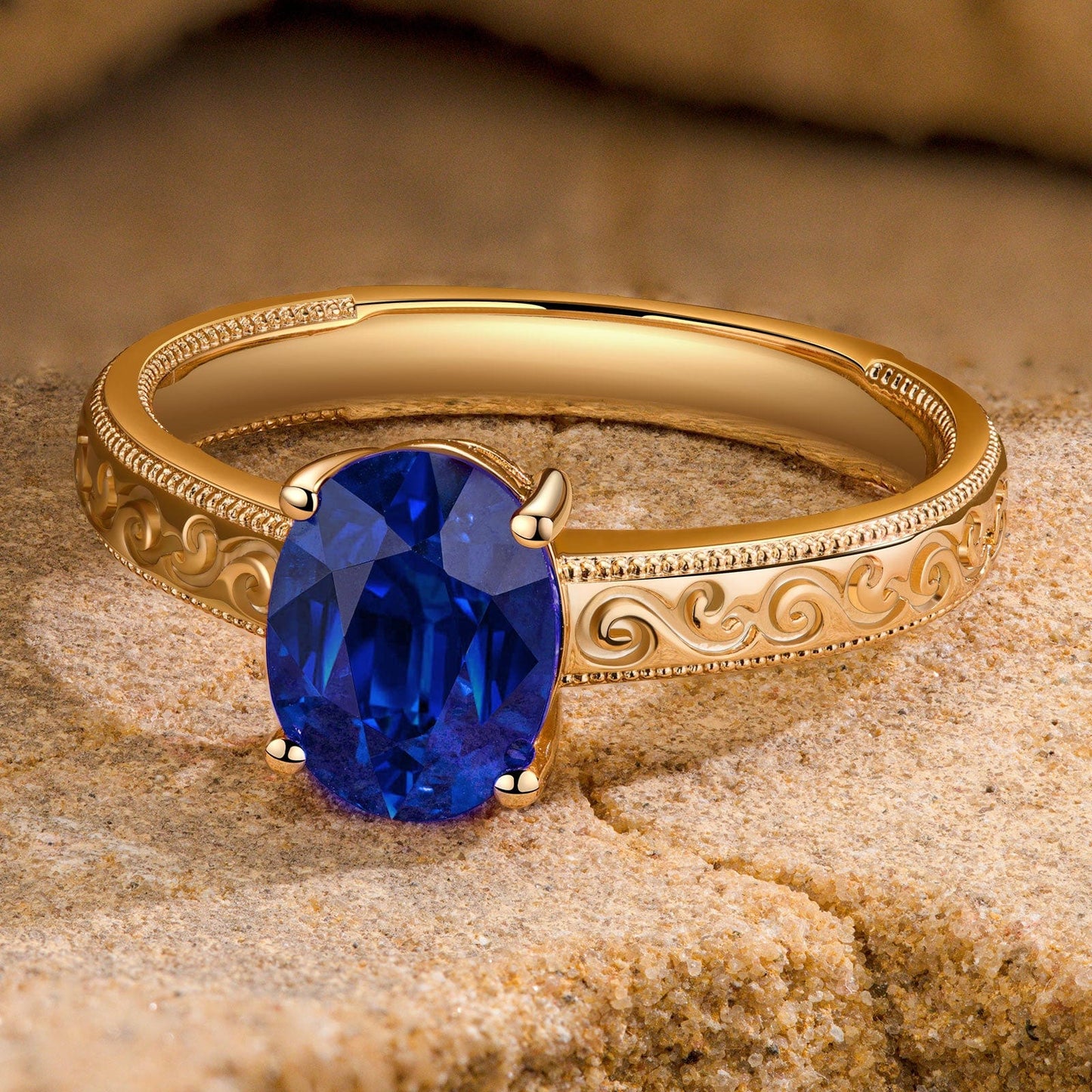 Oval Brilliant Cut Royal Blue Hue Lab-Certified Blue Sapphire - Solitaire Classic Engagement Ring 14K Yellow Gold Plated (Includes GRC Certification from Gemstone Research Center)