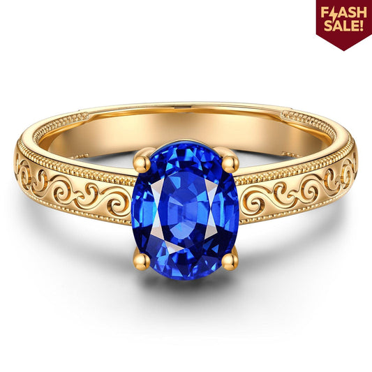 gon- Oval Brilliant Cut Royal Blue Hue Lab-Certified Blue Sapphire - Solitaire Classic Engagement Ring 14K Yellow Gold Plated (Includes GRC Certification from Gemstone Research Center)