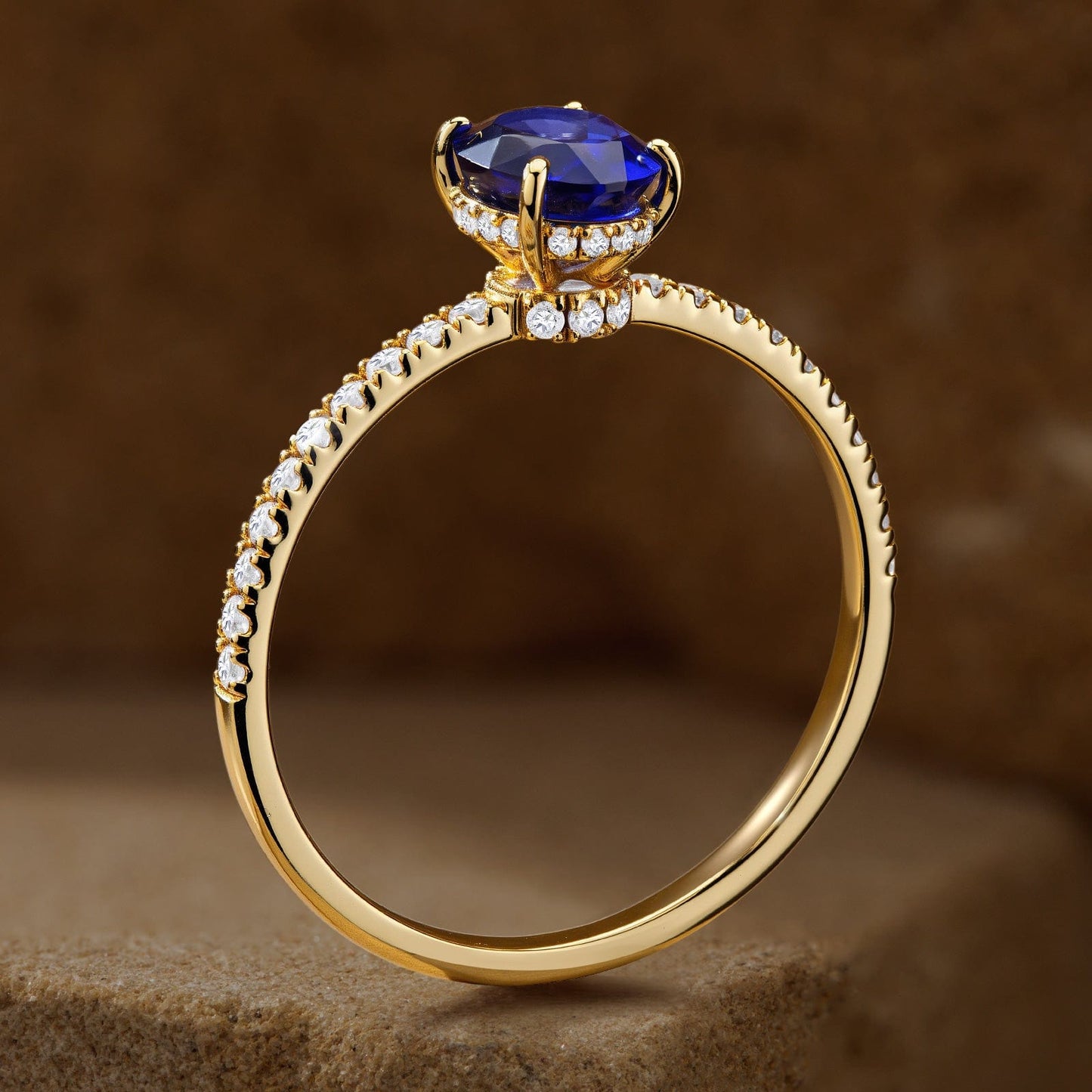 Oval Brilliant Cut Royal Blue Hue Lab-Certified Blue Sapphire - Pave Classic Engagement Ring 14K Yellow Gold Plated (Includes GRC Certification from Gemstone Research Center)