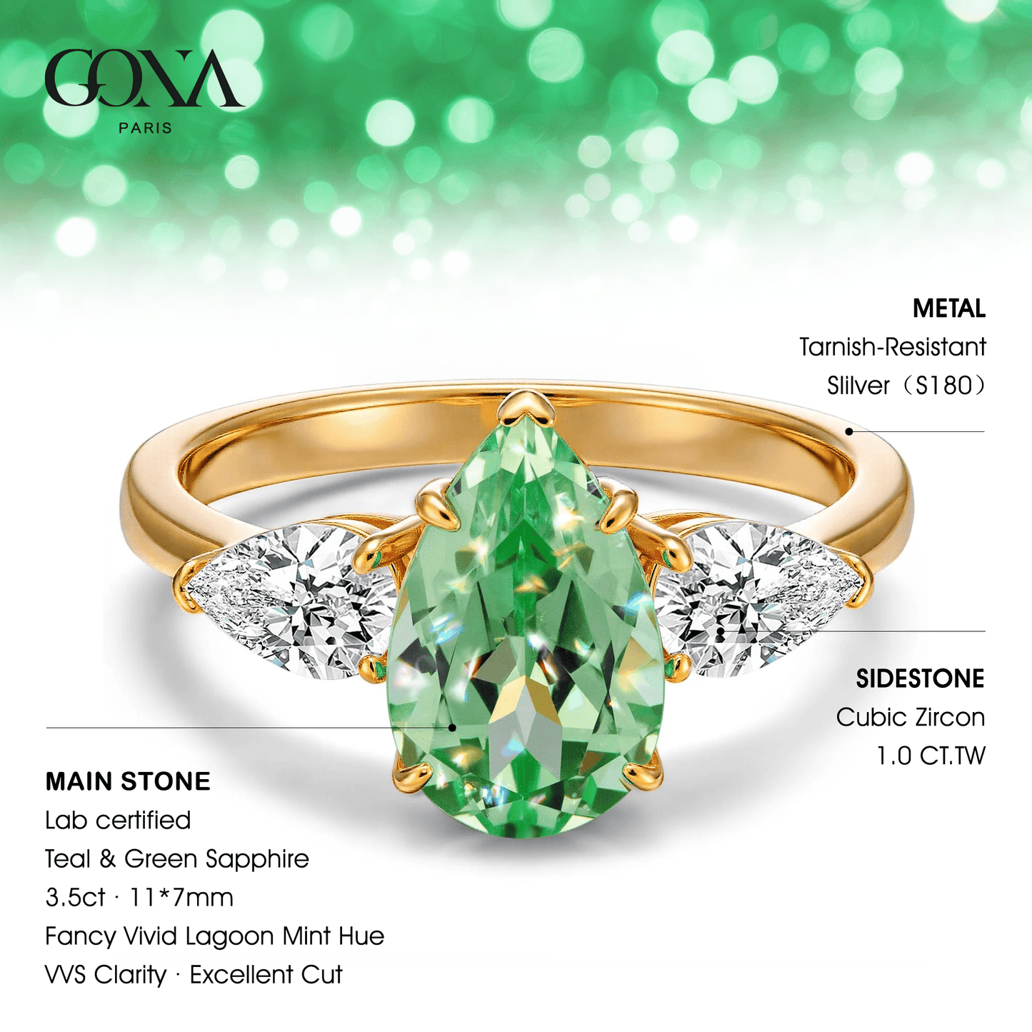 Pear Brilliant Cut Fancy Vivid Lagoon Mint Hue Lab-Certified Teal & Green Sapphire - Three Stone Classic Engagement Ring 14K Yellow Gold Plated (Includes GRC Certification from Gemstone Research Center)