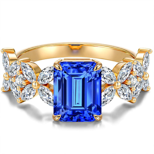gon- Emerald-Cut Royal Blue Hue Lab-Certified Blue Sapphire - Pave Classic Engagement Ring 14K Yellow Gold Plated (Includes GRC Certification from Gemstone Research Center)