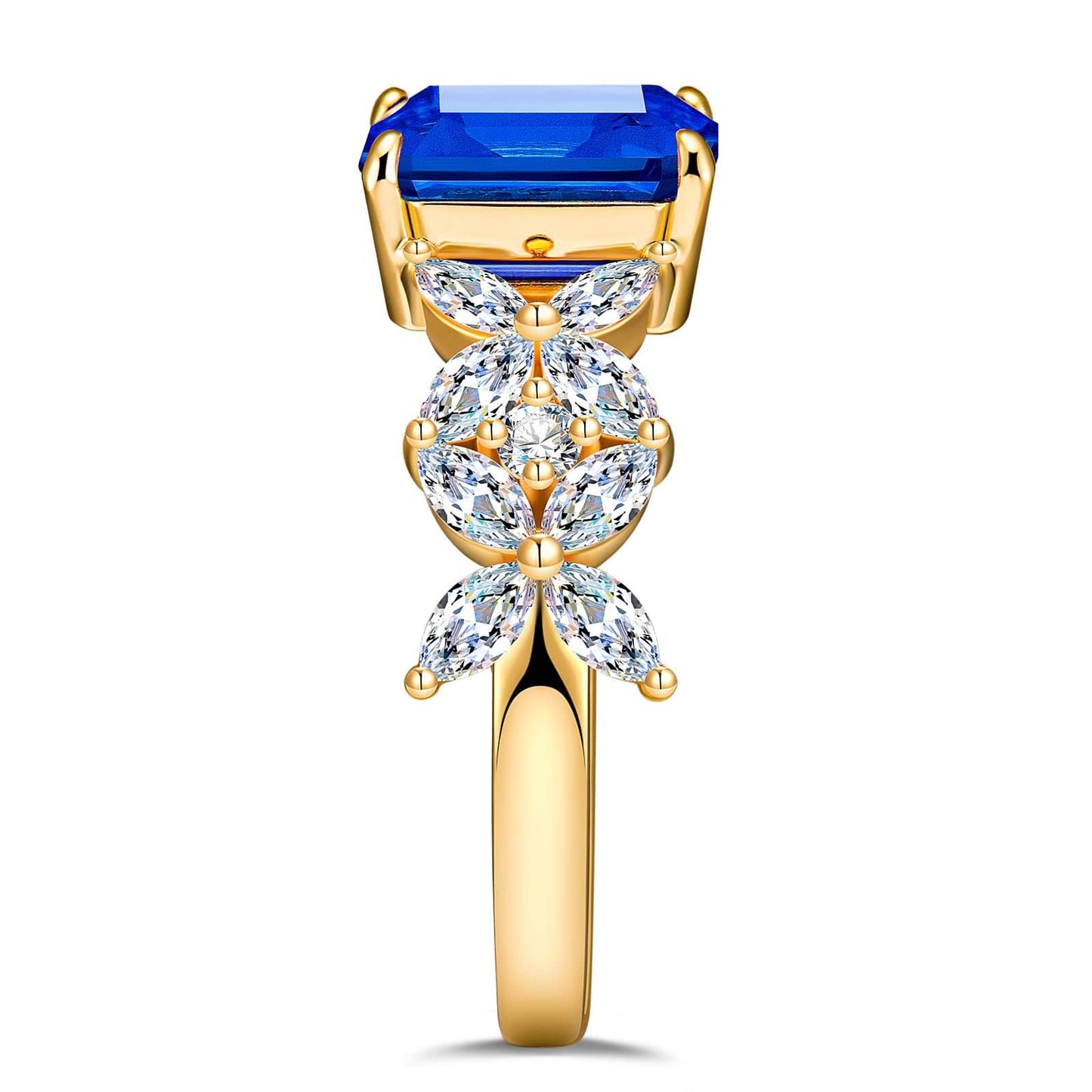 Emerald-Cut Royal Blue Hue Lab-Certified Blue Sapphire - Pave Classic Engagement Ring 14K Yellow Gold Plated (Includes GRC Certification from Gemstone Research Center)
