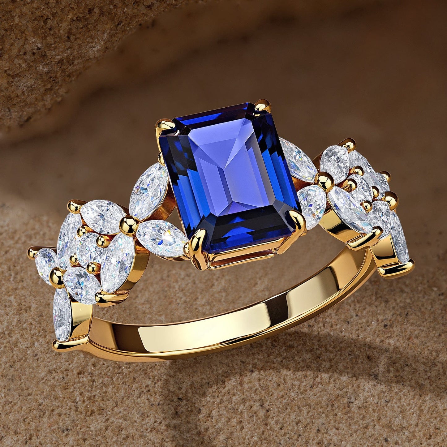 Emerald-Cut Royal Blue Hue Lab-Certified Blue Sapphire - Pave Classic Engagement Ring 14K Yellow Gold Plated (Includes GRC Certification from Gemstone Research Center)