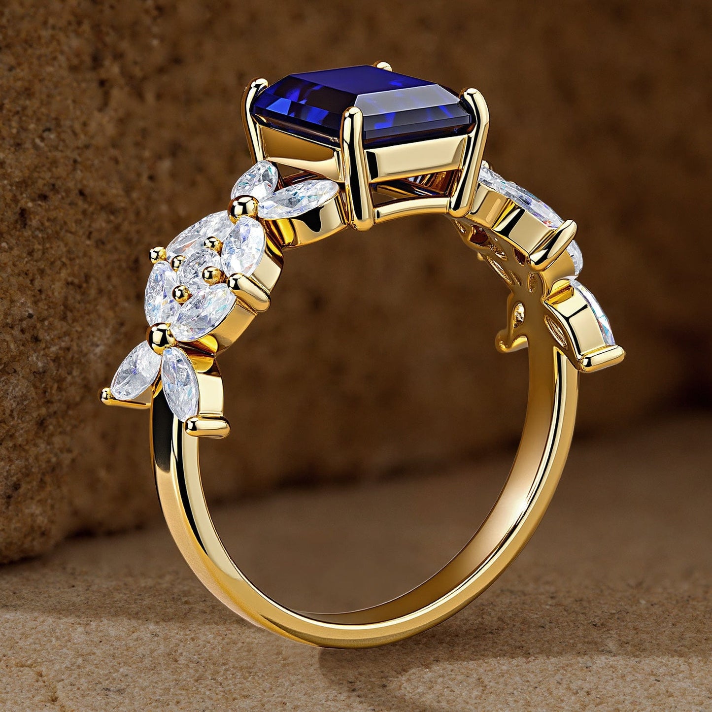 Emerald-Cut Royal Blue Hue Lab-Certified Blue Sapphire - Pave Classic Engagement Ring 14K Yellow Gold Plated (Includes GRC Certification from Gemstone Research Center)
