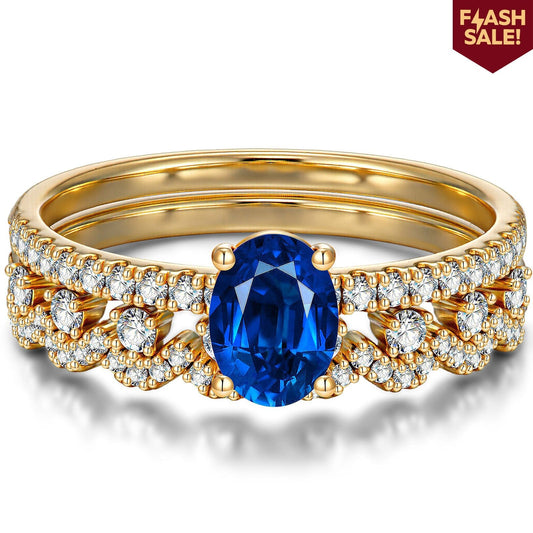 gon- Oval Brilliant Cut Royal Blue Hue Lab-Certified Blue Sapphire - Classic Stackable Ring Sets 14K Yellow Gold Plated (Includes GRC Certification from Gemstone Research Center)