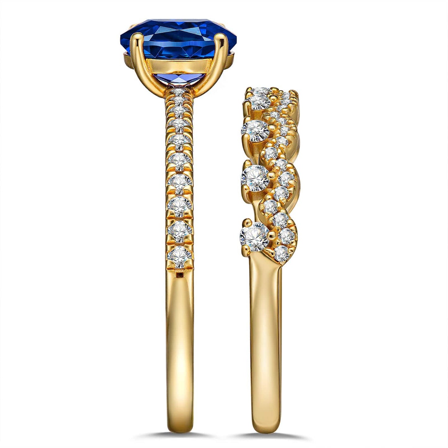 Oval Brilliant Cut Royal Blue Hue Lab-Certified Blue Sapphire - Classic Stackable Ring Sets 14K Yellow Gold Plated (Includes GRC Certification from Gemstone Research Center)