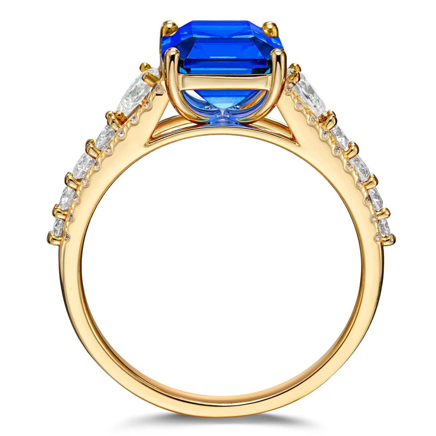 Emerald-Cut Royal Blue Hue Lab-Certified Blue Sapphire - Pave Classic Engagement Ring 14K Yellow Gold Plated (Includes GRC Certification from Gemstone Research Center)