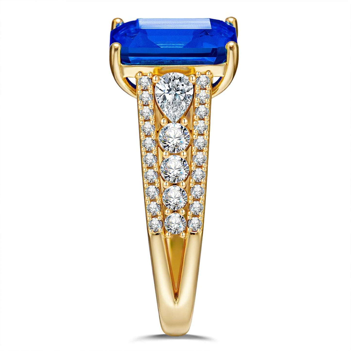 Emerald-Cut Royal Blue Hue Lab-Certified Blue Sapphire - Pave Classic Engagement Ring 14K Yellow Gold Plated (Includes GRC Certification from Gemstone Research Center)