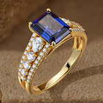 Emerald-Cut Royal Blue Hue Lab-Certified Blue Sapphire - Pave Classic Engagement Ring 14K Yellow Gold Plated (Includes GRC Certification from Gemstone Research Center)