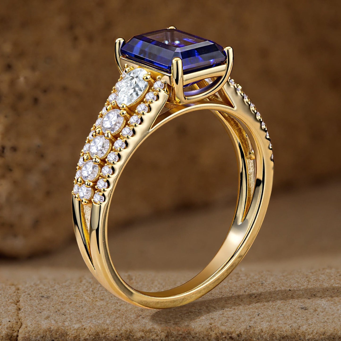 Emerald-Cut Royal Blue Hue Lab-Certified Blue Sapphire - Pave Classic Engagement Ring 14K Yellow Gold Plated (Includes GRC Certification from Gemstone Research Center)