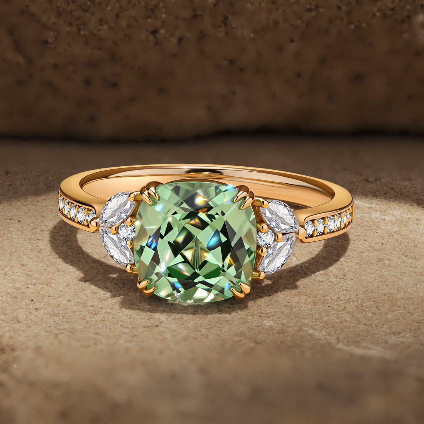 Cushion Cut Fancy Vivid Lagoon Mint Hue Lab-Certified Teal & Green Sapphire  - Pave Classic Engagement Ring 14K Yellow Gold Plated (Includes GRC Certification from Gemstone Research Center)