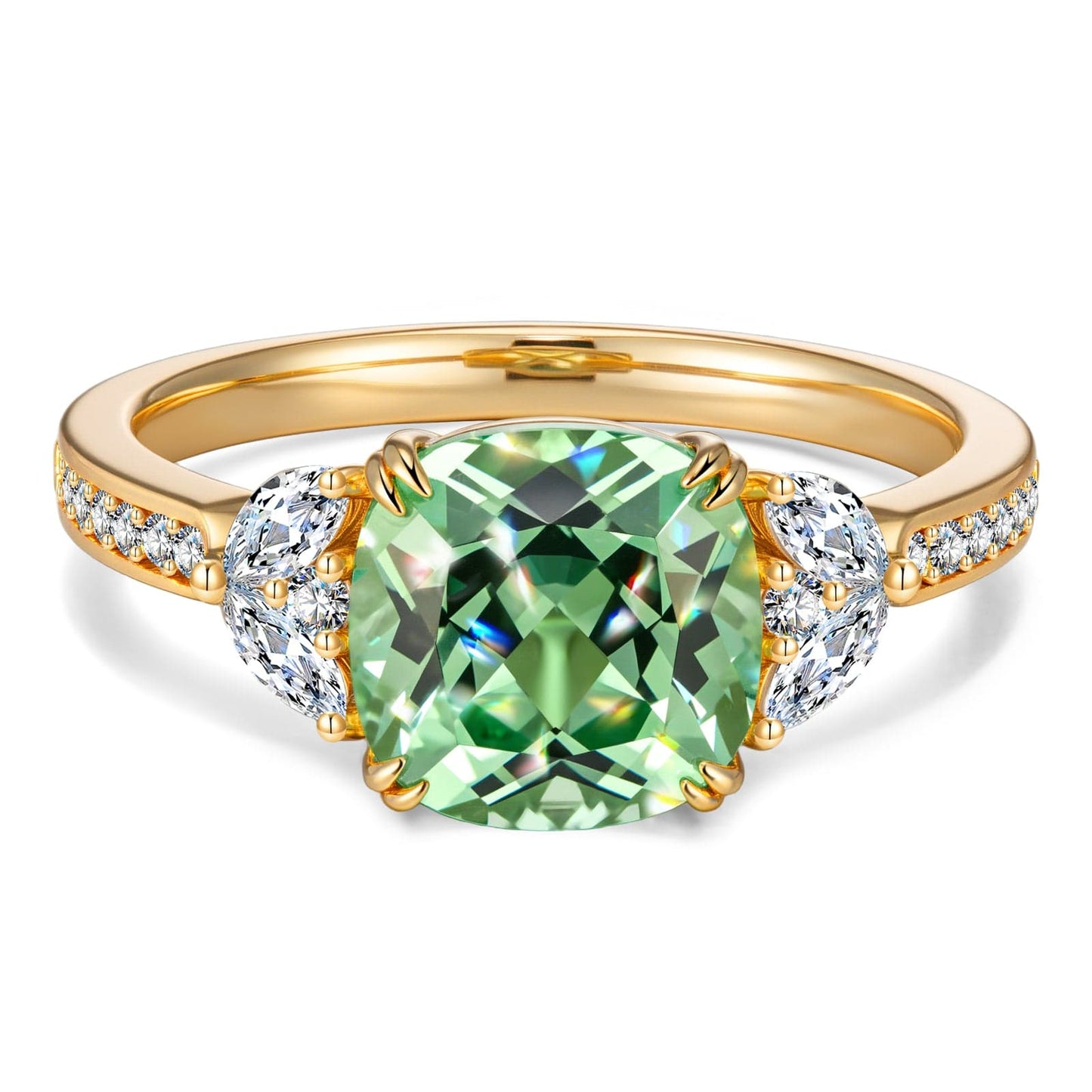 Cushion Cut Fancy Vivid Lagoon Mint Hue Lab-Certified Teal & Green Sapphire  - Pave Classic Engagement Ring 14K Yellow Gold Plated (Includes GRC Certification from Gemstone Research Center)