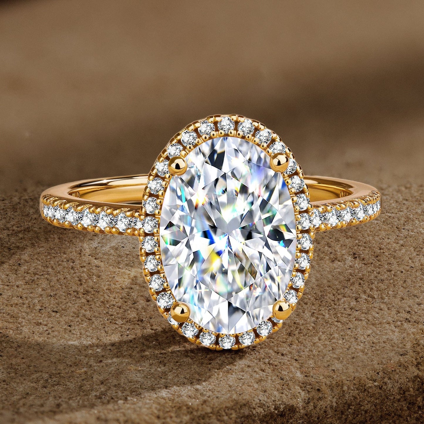 Lab-Certified Oval Brilliant Cut Moissanite - Halo Classic Engagement Ring 14K Yellow Gold Plated (Includes GRA Certification from Gemological Research Association)