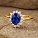 Oval Brilliant Cut Royal Blue Hue Lab-Certified Blue Sapphire - Halo Classic Engagement Ring 14K Yellow Gold Plated (Includes GRC Certification from Gemstone Research Center)