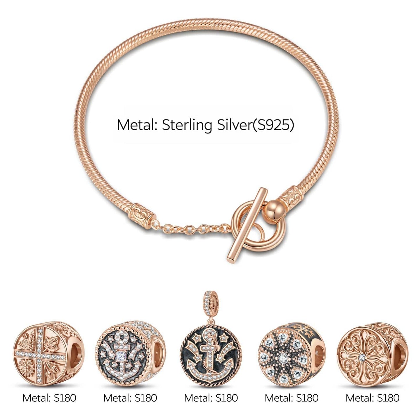 Christmas Tarnish-resistant Silver Charms Bracelet Set With Enamel In Rose Gold Plated (Includes bracelet and all charms shown)