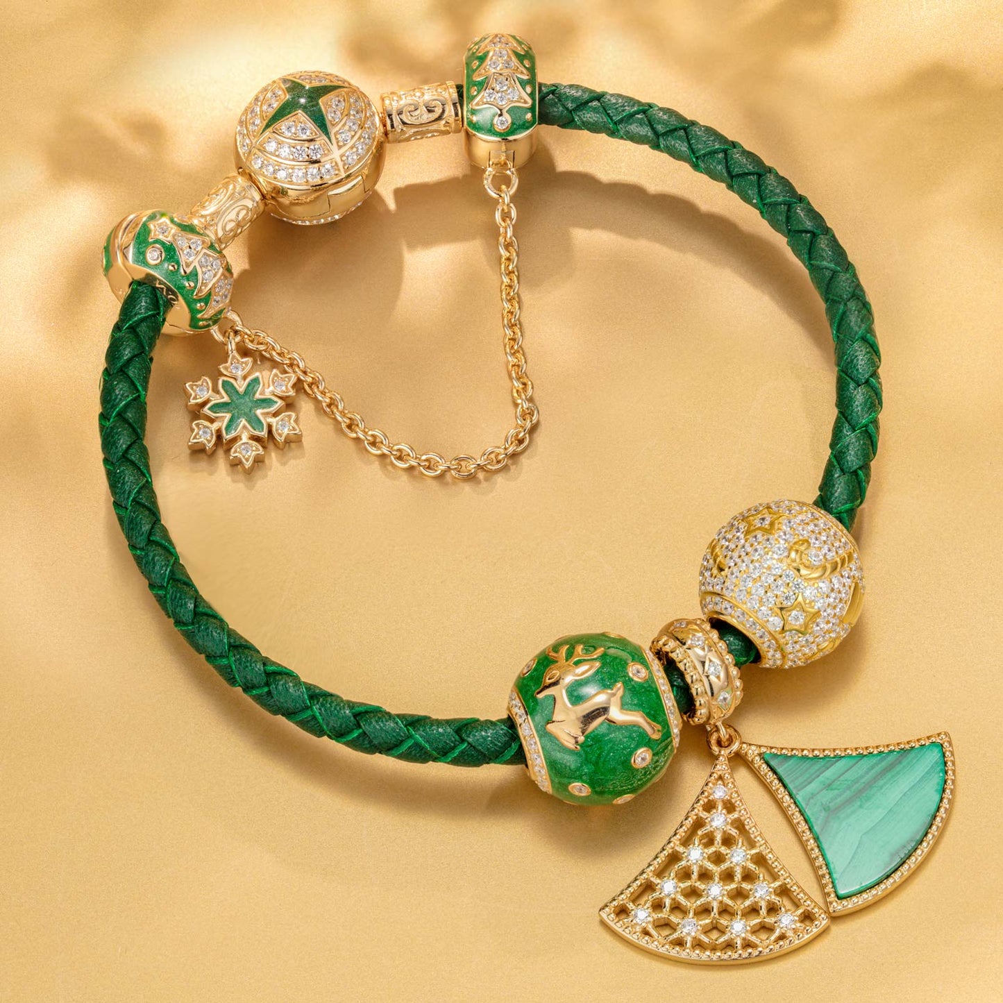 Green Christmas Night Tarnish-resistant Silver Charms Bracelet Set With Enamel In 14K Gold Plated (Includes bracelet and all charms shown)