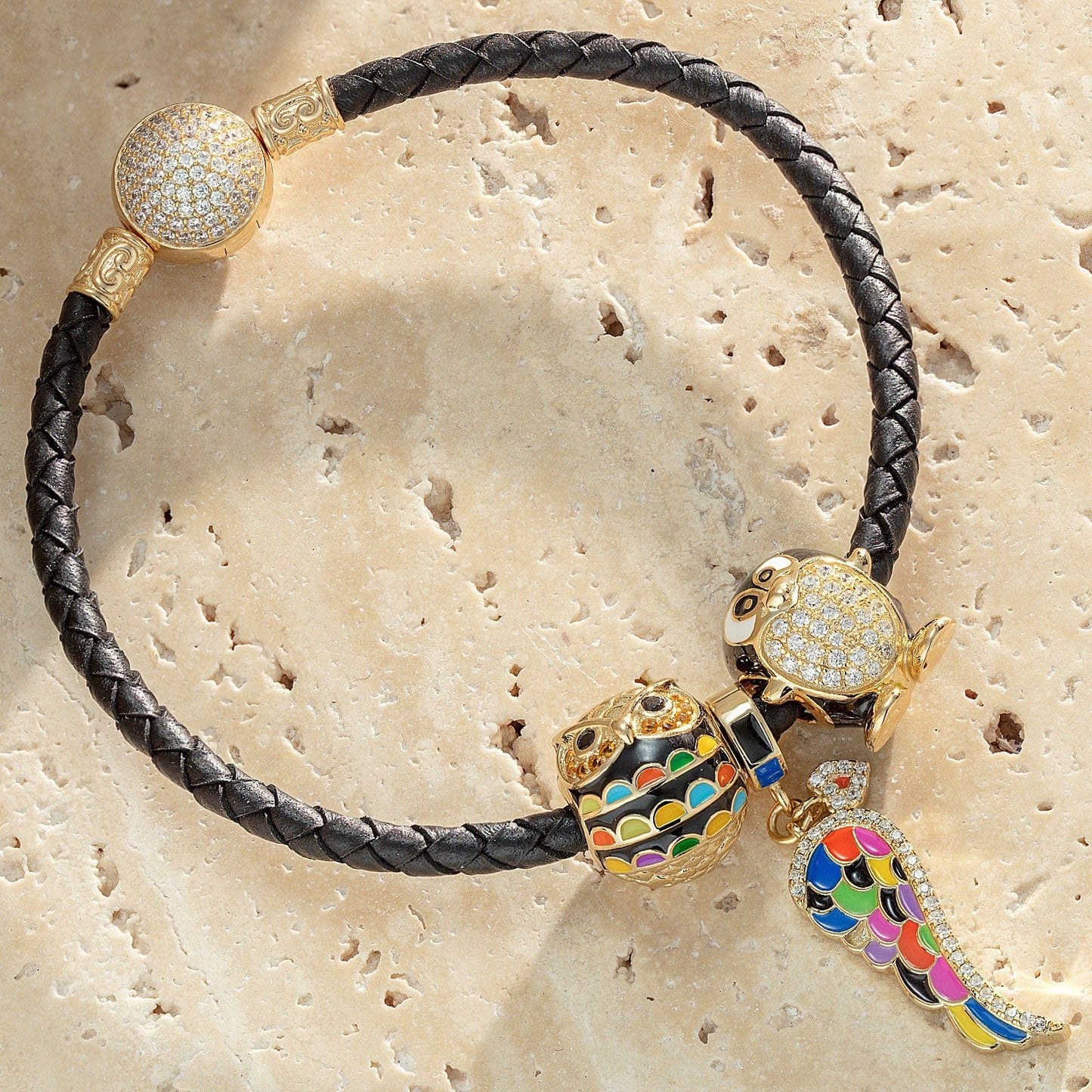 Animals Tarnish-resistant Silver Charms Bracelet Set With Enamel In 14K Gold Plated (Includes bracelet and all charms shown)