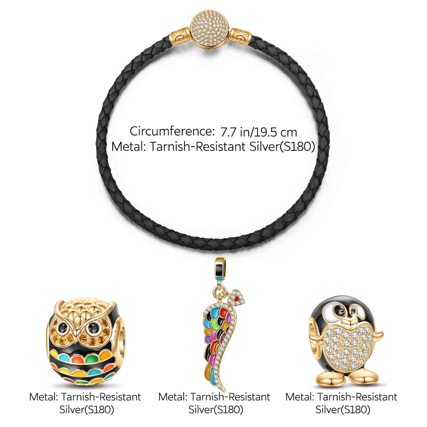 Animals Tarnish-resistant Silver Charms Bracelet Set With Enamel In 14K Gold Plated (Includes bracelet and all charms shown)