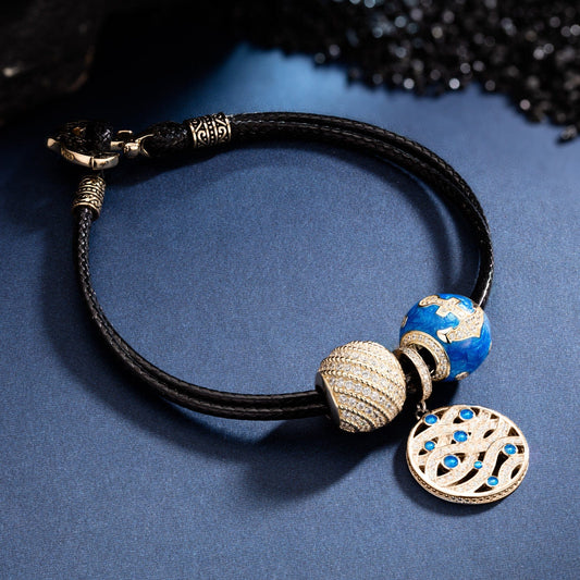 gona- Waves And Anchors Tarnish-resistant Silver Leather Charms Bracelet Set With Enamel In 14K Gold Plated (Includes bracelet and all charms shown)
