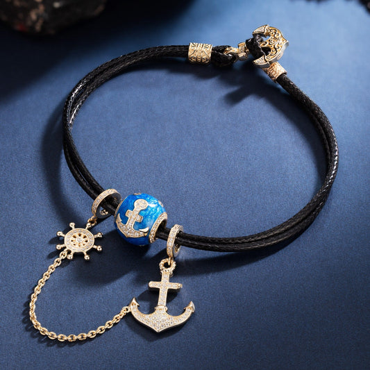 gona- Boat Anchor Tarnish-resistant Silver Leather Charms Bracelet Set With Enamel In 14K Gold Plated (Includes bracelet and all charms shown)