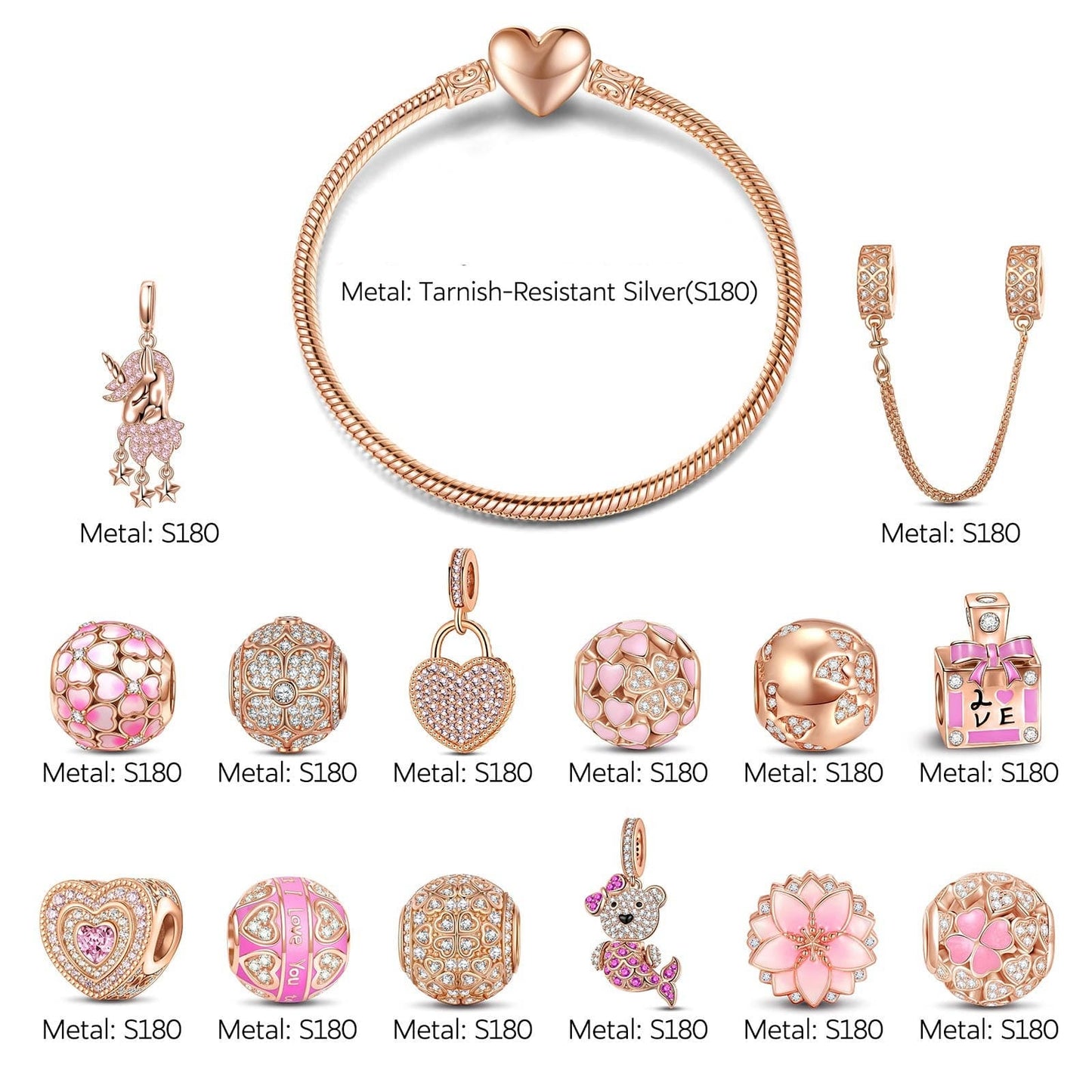 Fantasy Island Tarnish-resistant Silver Charms Bracelet Set With Enamel In Rose Gold Plated (Includes bracelet and all charms shown)